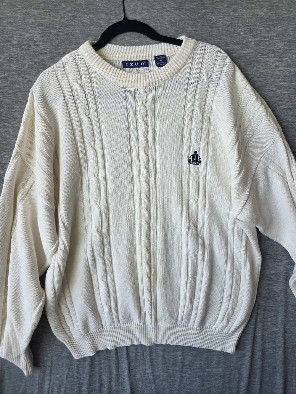 VTG IZOD Cable Knit Sweater Men's Medium Ivory 100% Cotton Made in USA
